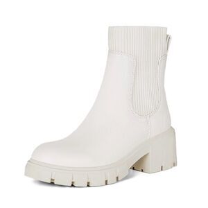 Athlefit Women's White Chelsea Boots Platform Ankle Boots Slip On Chunky 6